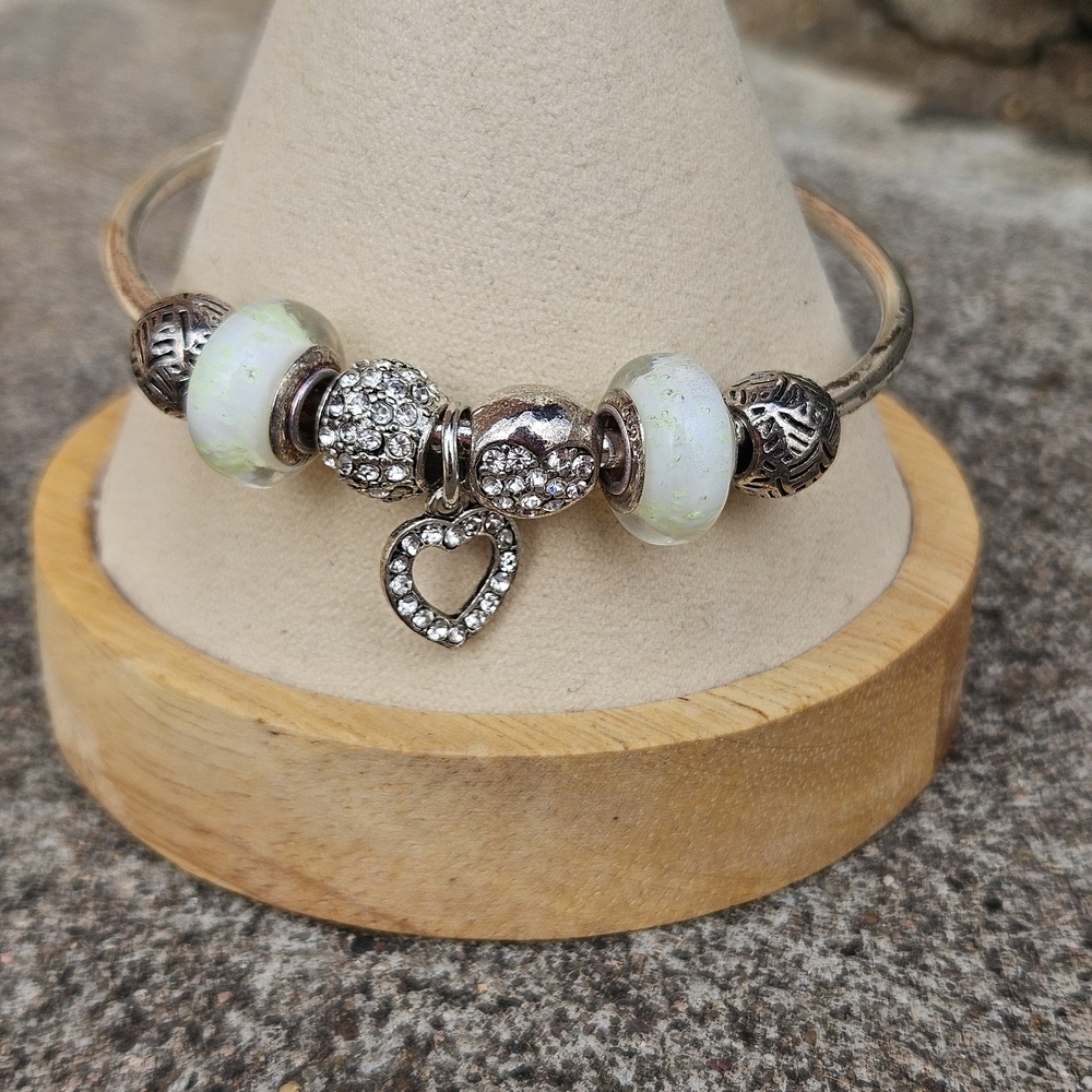 Silver and Green Heart Charm Slider Bracelet Pandora-Like Women's Jewelry 925